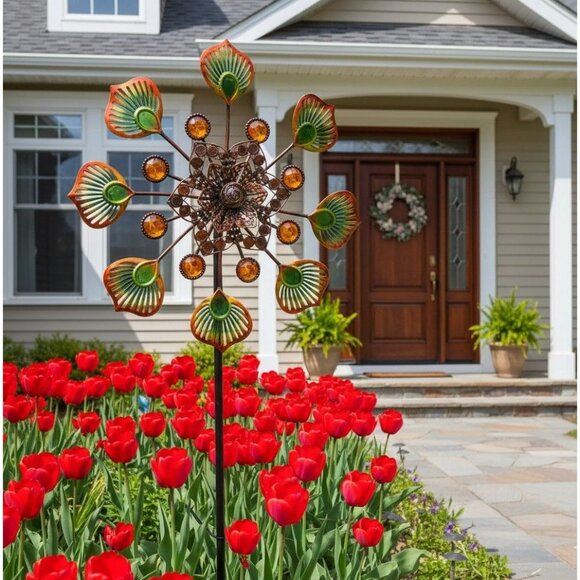 Wind Spinner Rustic Brown Pinwheel Rotating Metal Home Garden Yard Art - Picture 2 of 9